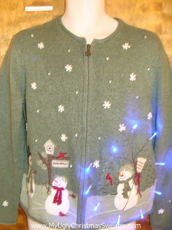 Christmas Cozy Snowfall Light Up Green Cheesy Christmas Sweater with Snowmen