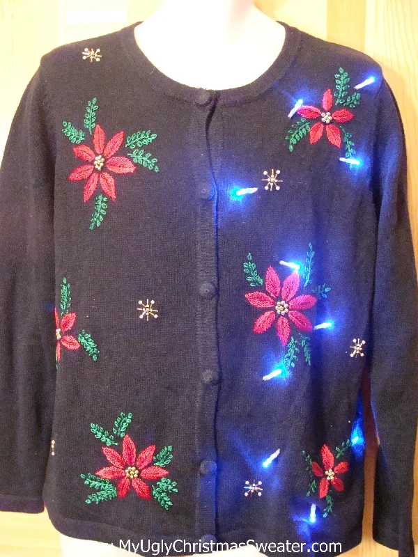 Christmas Handmade Gifts Light Up Ugly Xmas Sweater Cardigan with Poinsettias and Ivy