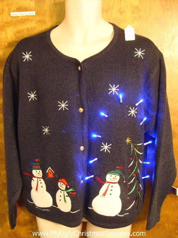 Christmas Snow Covered Trees Snowman Family Light Up Ugly Xmas Sweater