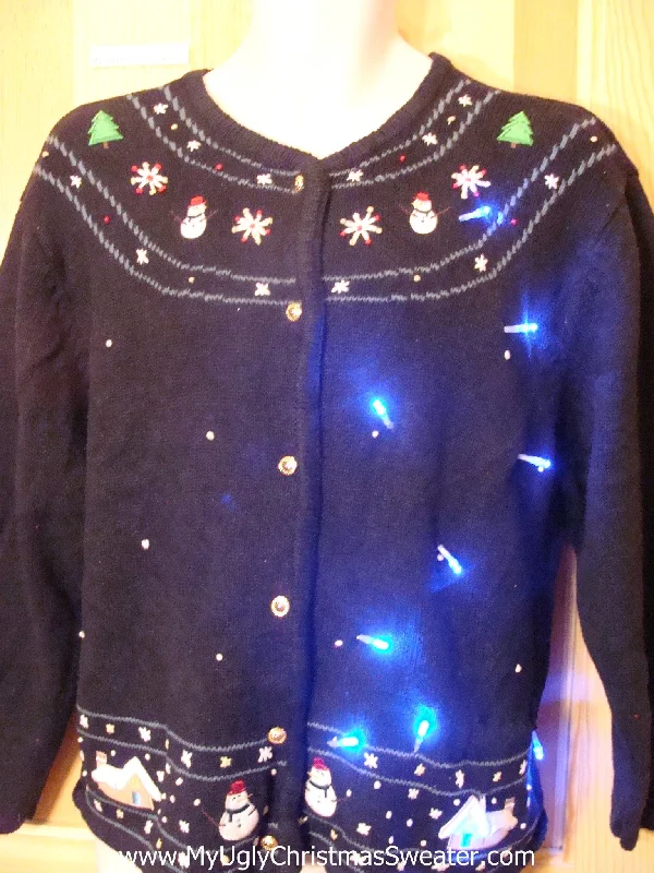 Christmas Starry Decor Light Up Ugly Xmas Sweater Nordic Style Cardigan with Snowmen