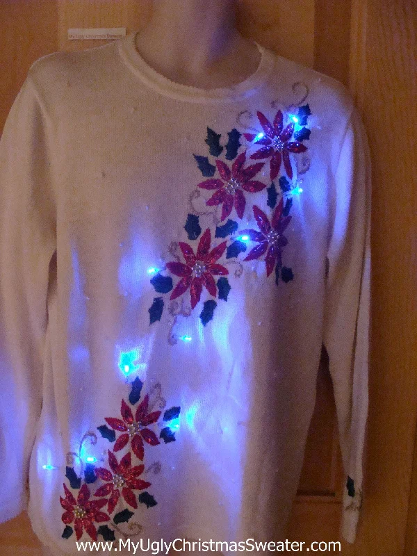 Christmas Holiday Spirit Light Up Ugly Xmas Sweater Pullover with Poinsttias