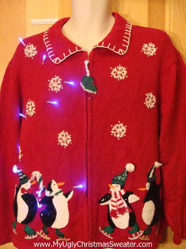 Christmas Snowy Pathways Light Up Ugly Xmas Sweater with Skating Penguins