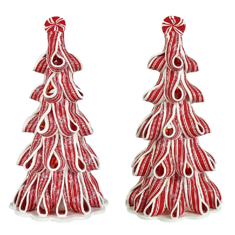 Lighted Peppermint Ribbon Trees Set/2