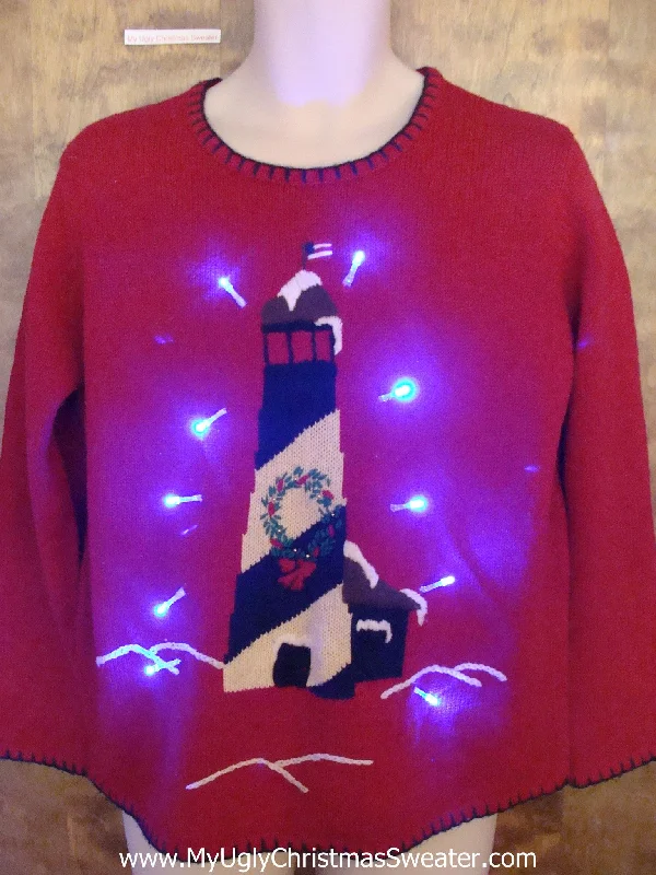 Christmas Fireplace Mantel Decor Lighthouse with Wreath Light Up Ugly Xmas Sweater