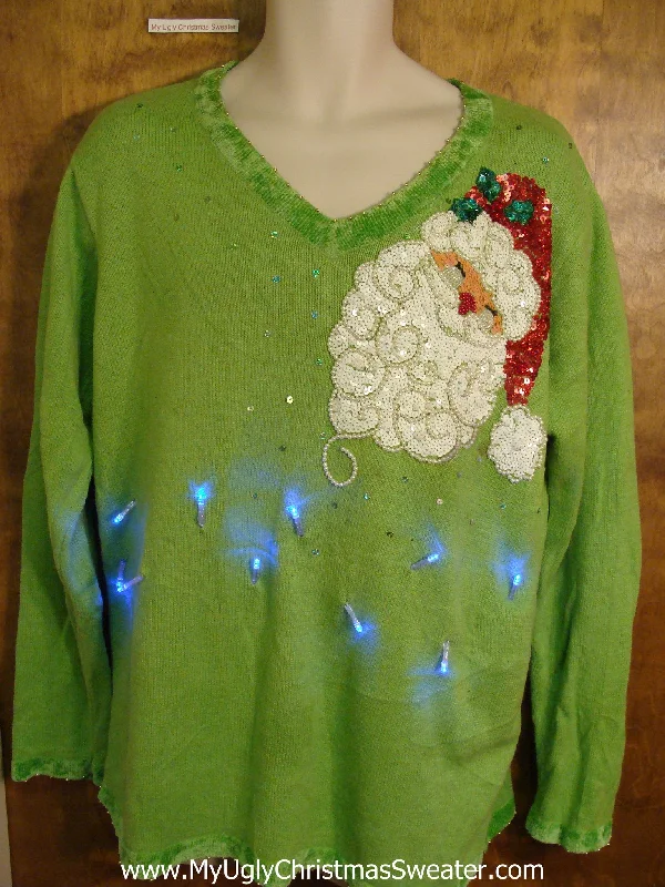 Christmas Magical Moments Lime Green Bling Santa Christmas Sweater with Lights