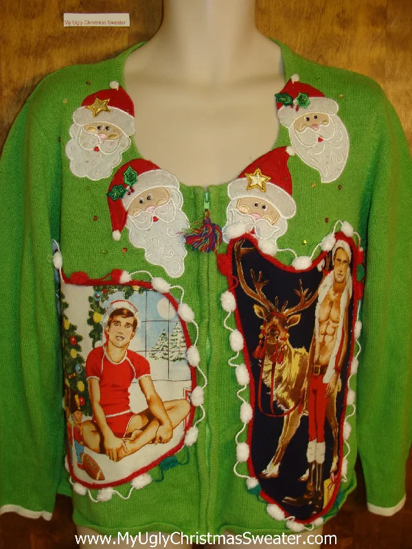 Christmas Pine Garland Lime Green Knit Hottie Guy Ugly Christmas Sweater