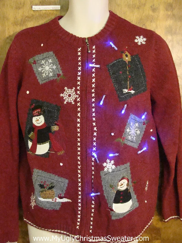 Christmas Glittering Ornaments Maroon Patchwork Snowmen Light Up Ugly Xmas Sweater