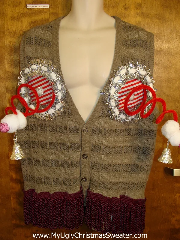 Christmas Cocoa Mugs Mens Brown Striped Naughty Ugly Christmas Sweater Vest