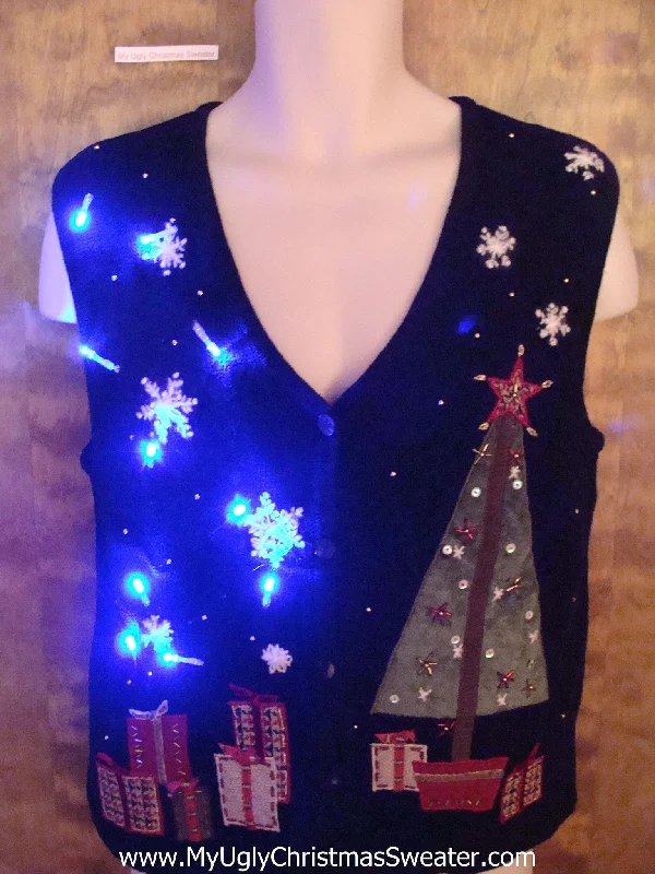 Christmas Twinkling Lights Nighttime Tree and Gifts Light Up Ugly Xmas Sweater Vest