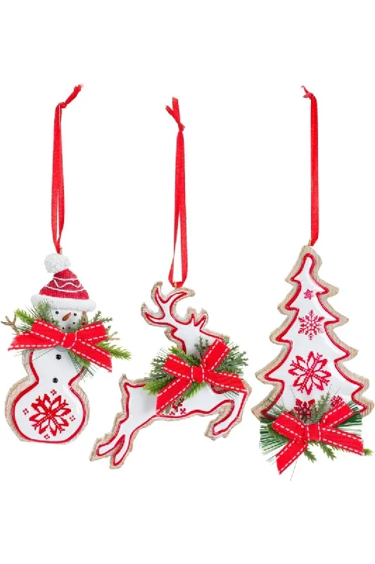 Nordic Snowflake Character Tree Ornament with Pine Bow Accent (Set of 6)