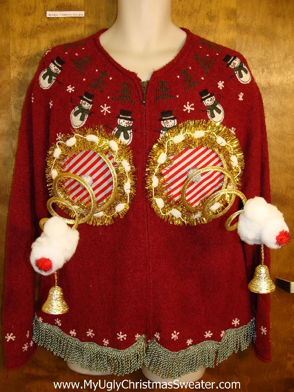 Christmas Red Stockings Nordic Snowmen Naughty Ugly Christmas Sweater