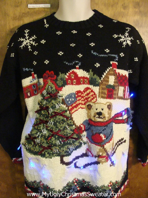 Christmas Frosty Trees Patriotic Skiing Bear Christmas Sweater with Lights