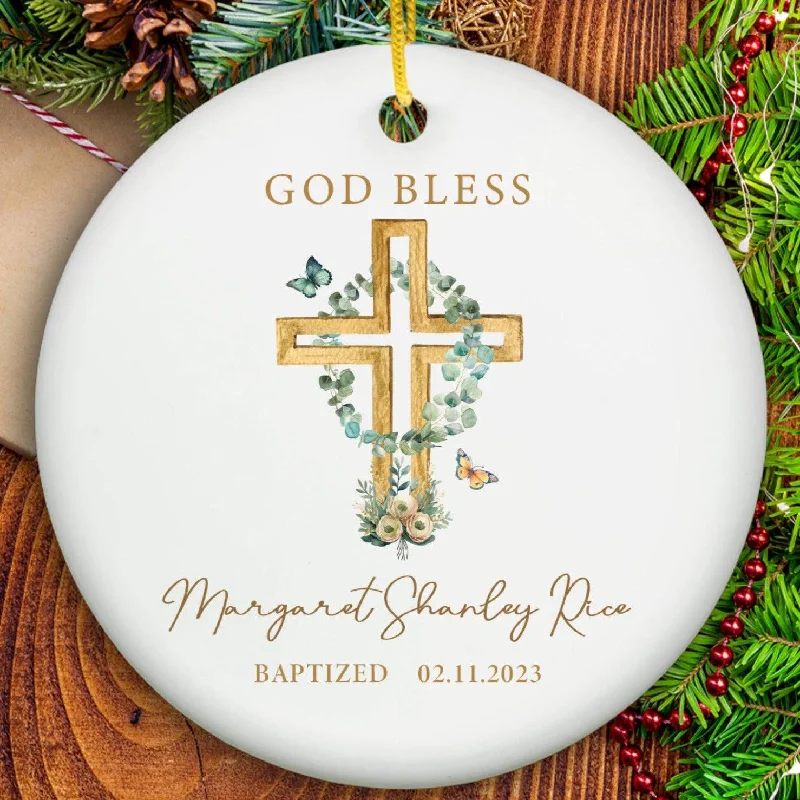 Christmas Family Fun Personalized God Bless Baptism Christmas Ornaments - Ceramic