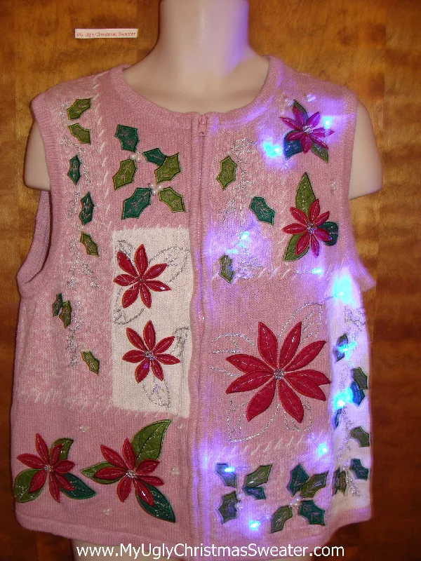 Christmas Frosty Trees Pink Poinsettia Light Up Ugly Xmas Sweater Vest