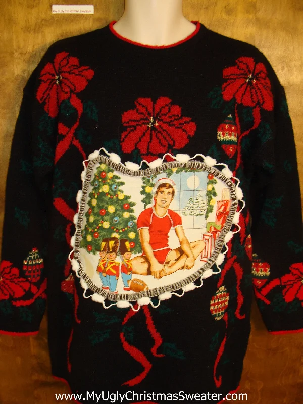 Christmas Snowman Building Poinsettia 80s Mess Hottie Guy Ugly Christmas Sweater