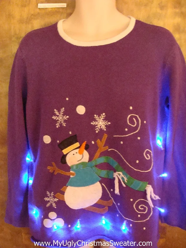 Christmas Tree Glitter Purple Light Up Ugly Xmas Sweater with Snowman