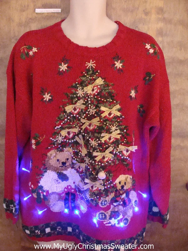 Christmas Ice Decorations Red 80s Tree and Bear Christmas Sweater with Lights