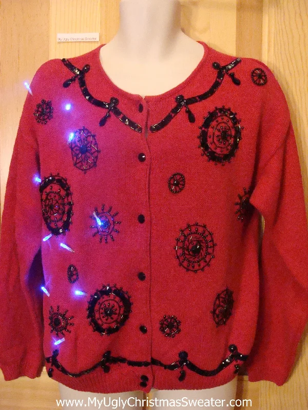 Christmas Winter Nights Red Light Up Ugly Xmas Sweater with Black Bead Bling