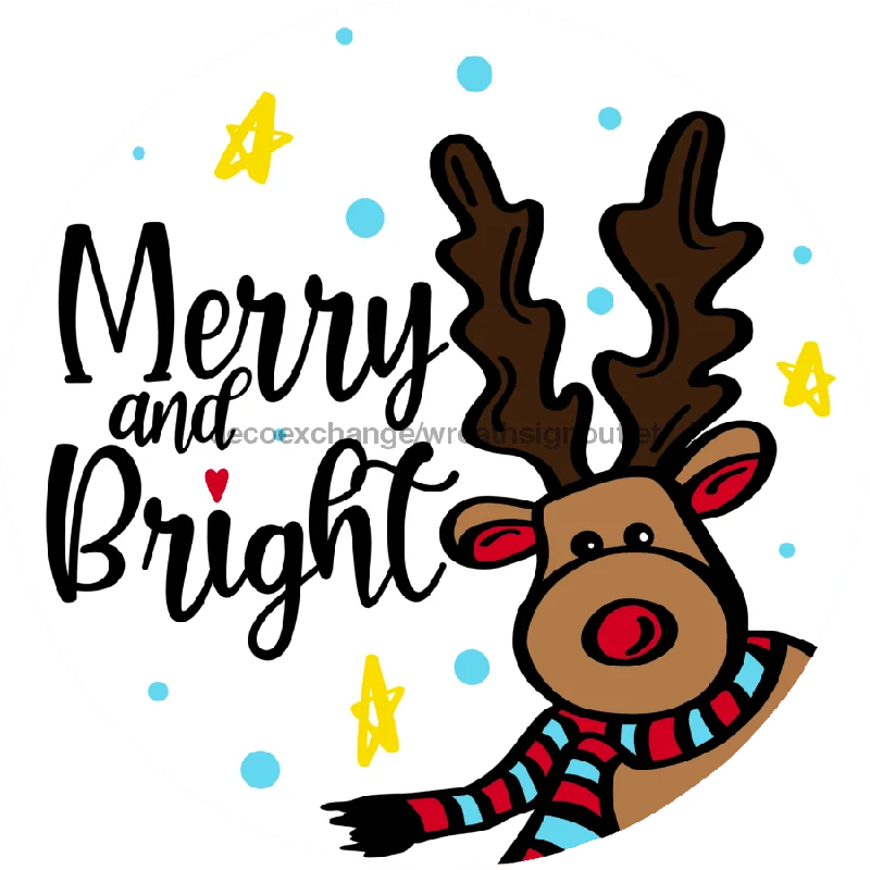 Reindeer Sign, Merry and Bright, Christmas Sign, 10" Round,  VINYL-DECOE-757, Sign For Wreath, 10" Vinyl Round