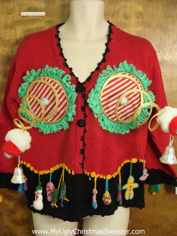 Christmas Pine Garland Retro Naughty Ugly Christmas Sweater with Dangling Ornaments