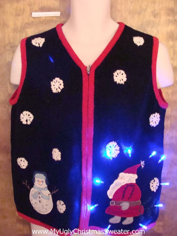 Christmas Carol Singing Santa and Snowman Two Sided Light Up Ugly Xmas Sweater Vest