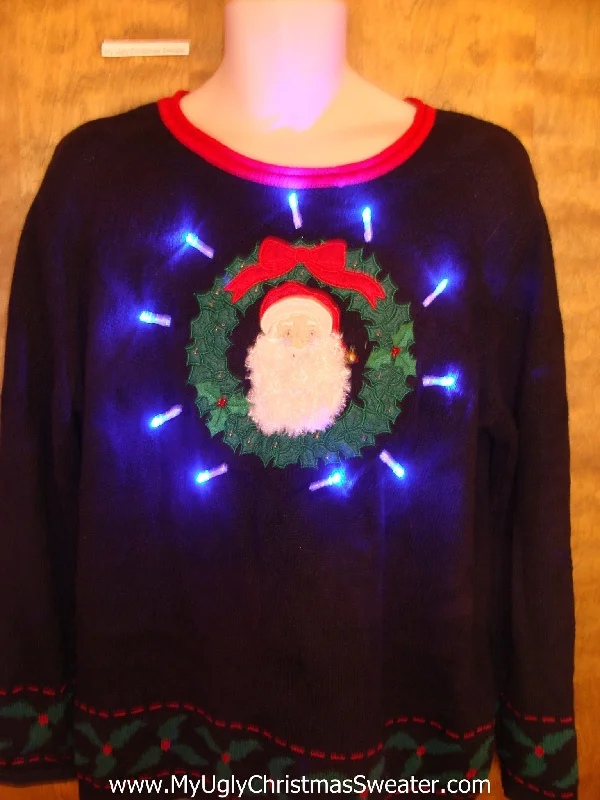 Christmas Candy House Santa and Wreath Crazy Christmas Sweater with Lights