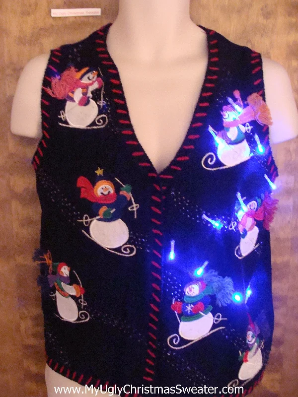 Christmas Wrapped Surprises Skiing Snowmen Crazy Christmas Sweater Vest with Lights