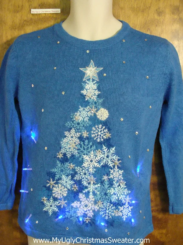 Christmas White Snow Snowflake Tree Bluc Christmas Sweater with Lights