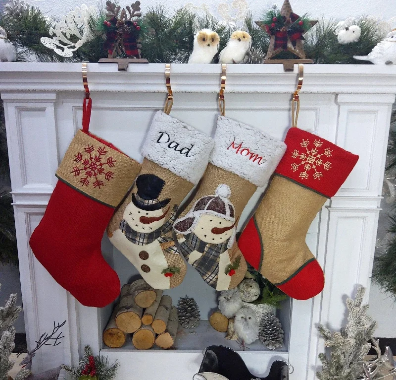 Snowman Burlap and Cozy Knit Stockings Personalized Embroidered or with Cutout Wood Name Tag Christmas Stockings Family Xmas