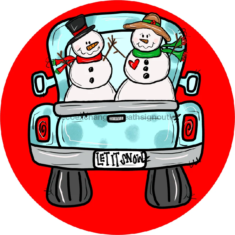 Snowman Christmas Truck, 10" Round,  VINYL-DECOE-699, Sign For Wreath, 10" Vinyl Round