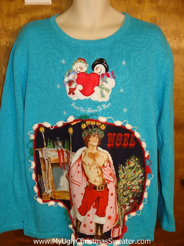 Christmas Cozy Nights Snowman Couple and Hottie Guy Ugly Christmas Sweater