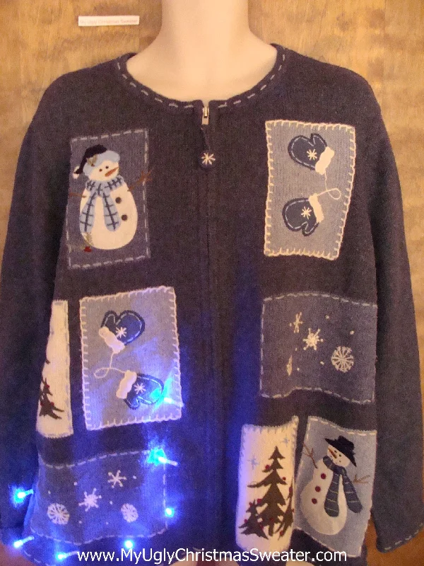 Christmas Family Traditions Snowman Patchwork Crazy Christmas Sweater with Lights