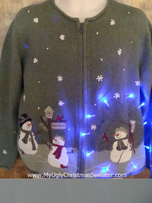 Christmas Golden Stars Snowman Themed Green Light Up Cheesy Christmas Sweater