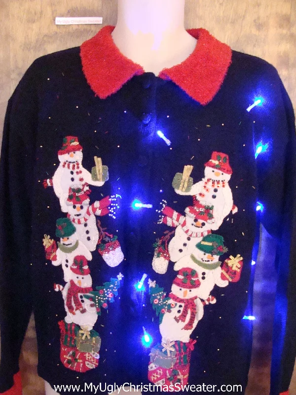 Christmas Fairy Lights Stacks of Snowmen Light Up Cheesy Christmas Sweater