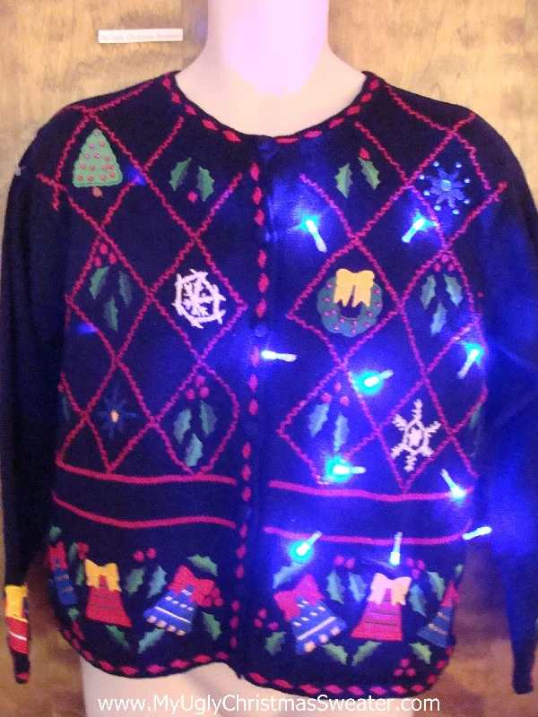 Christmas Beautiful Lights Tacky Black Busy Light Up Ugly Xmas Sweater