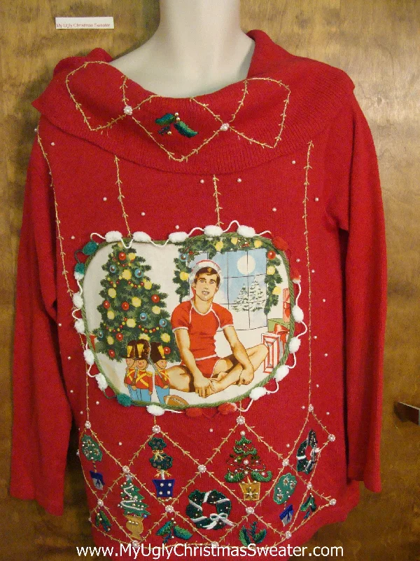 Christmas Jingle Bells Tacky Red 80s Hottie Guy Ugly Christmas Sweater