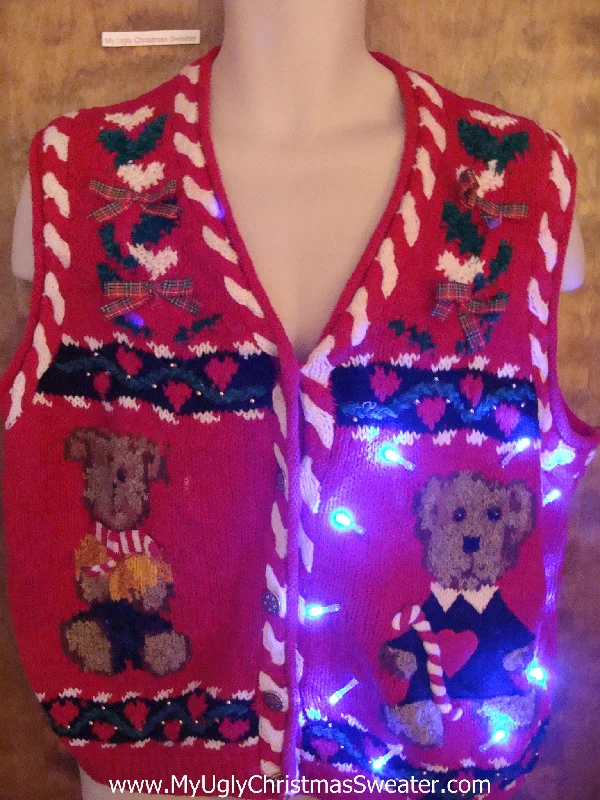 Christmas Snow Globe Tacky Teddy Bears Light Up Ugly Xmas Sweater Vest