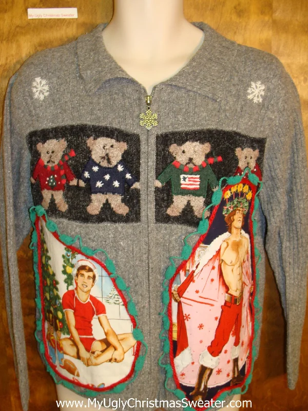 Christmas Sparkling Lights Teddy Bear Foursome Hottie Guy Ugly Christmas Sweater