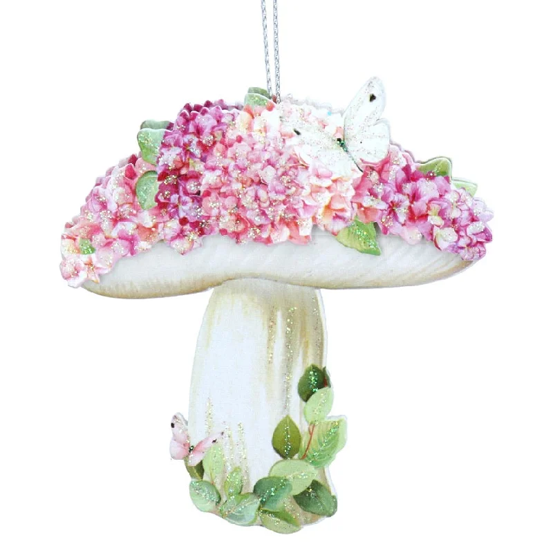 Toadstool with Pink Hydrangea Wood Ornament