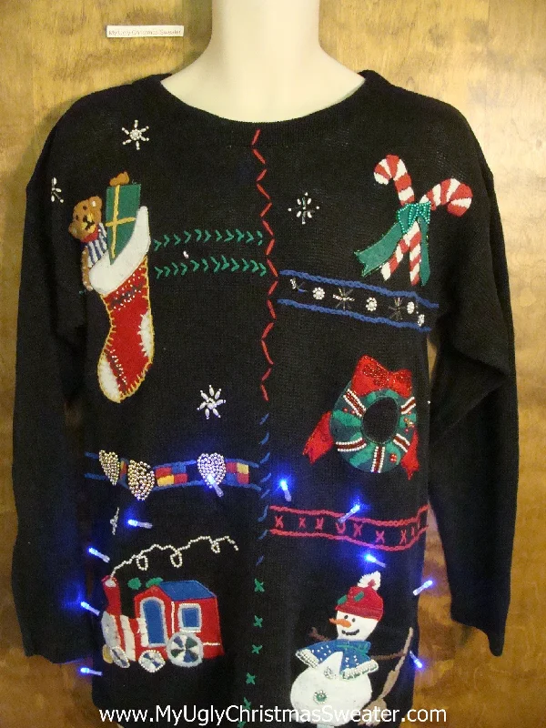 Christmas Red And Green Toy Train and Candycanes Christmas Sweater with Lights