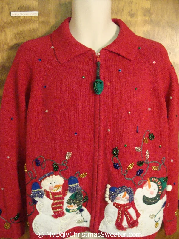 Christmas Classic Music Two Sided Red Christmas Sweater with Snowmen