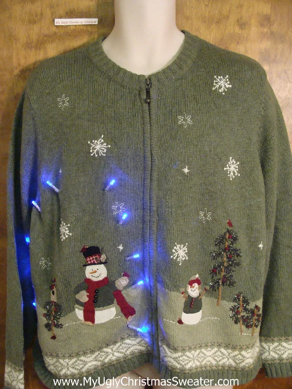 Christmas Happy Moments Two Sided Snowman Themed Light Up Cheesy Christmas Sweater