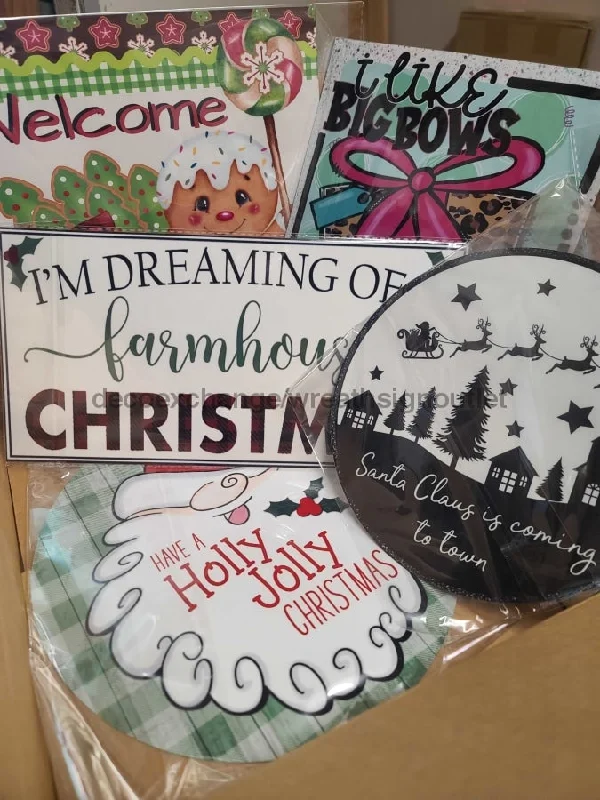 Variety 5 Pack of Christmas Signs, Metal Signs DECOE-998, Sign For Wreaths, Bundle