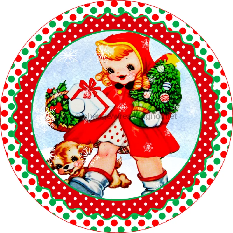 Vintage Christmas Sign, Christmas Girl, 10" Round,  VINYL-DECOE-752, Sign For Wreath, 10" Vinyl Round