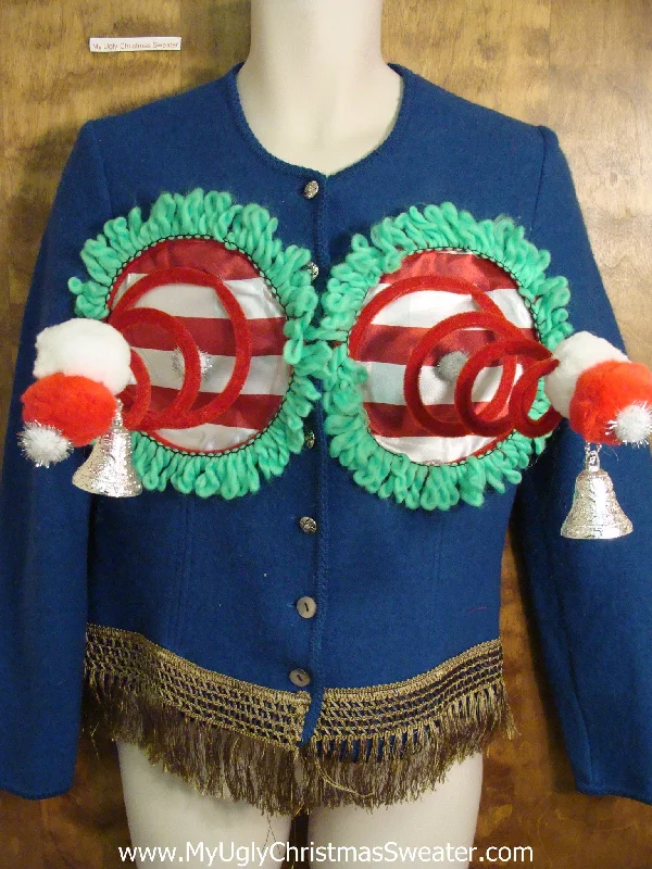 Christmas Family Fun Wool Cardigan with Fringe Naughty Ugly Christmas Sweater