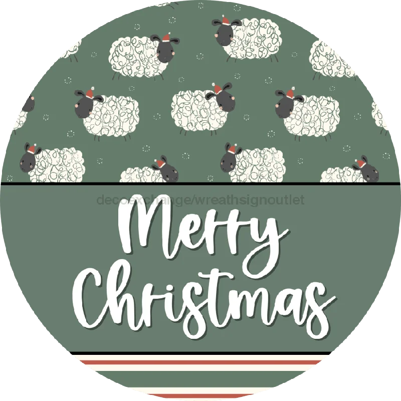 Wreath Sign, Christmas Door Hanger, Merry Christmas, Christmas Sheep, DECOE-2378, Sign For Wreath, Round Sign, 18" Wood Round