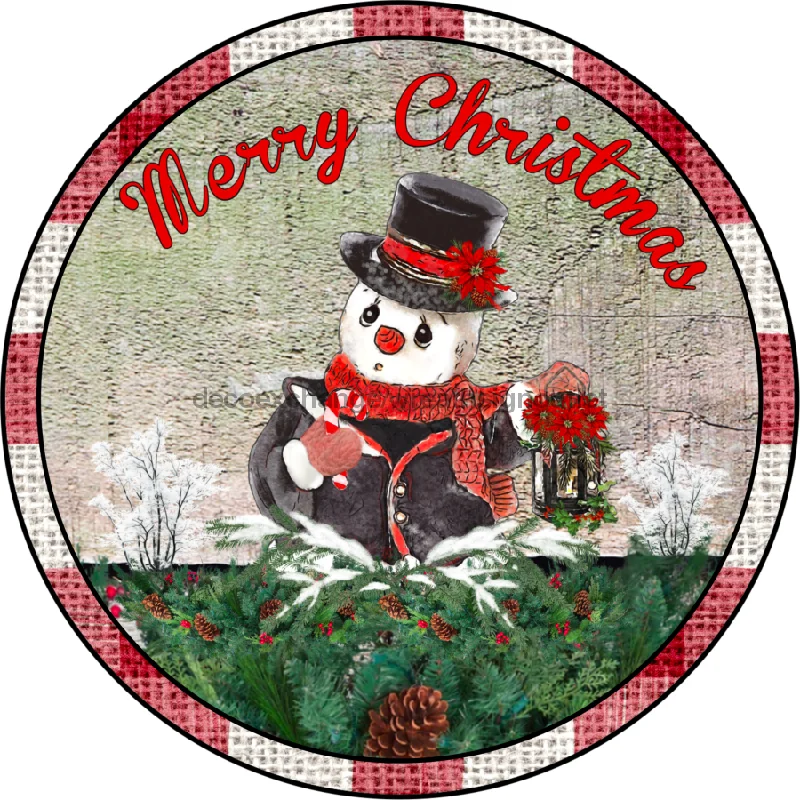 Wreath Sign, Christmas Sign, Red Edge Vintage Snowman, 10" Round Metal Sign DECOE-844, Sign For Wreath, 10" Metal Sign